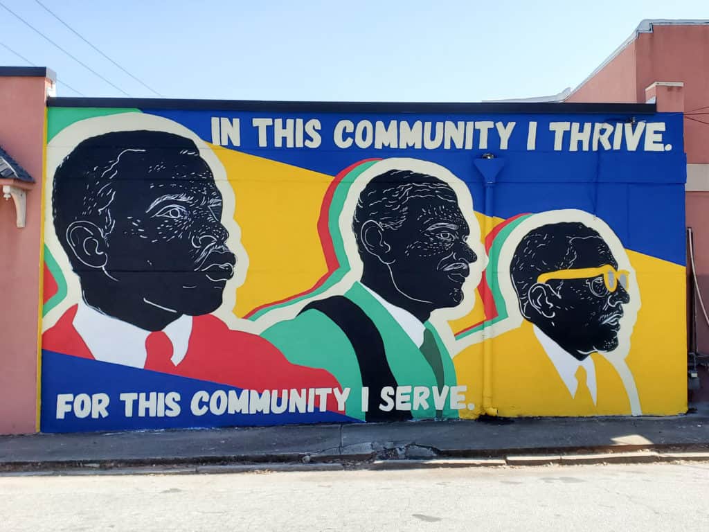 Street art Mural in West End Atlanta by Nnekkaa, C. Flux Sing and Sean Fahie featuring portraits of John Lewis, C.T. Vivian and Joseph E Lowery