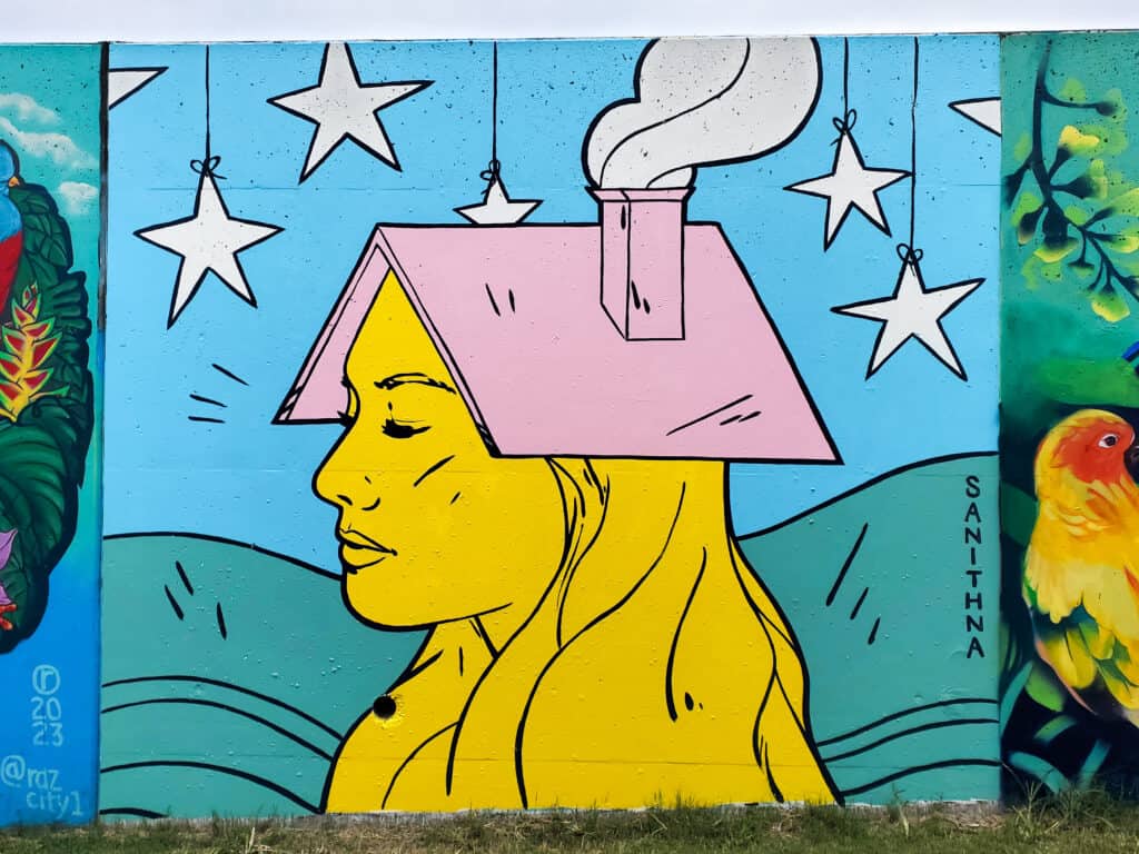 Street Art Mural in Cabbagetown Atlanta by Sanithna Phansavanah featuring a person with a roof on their head
