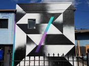 Wolfdog (Ash Hayner)<br/>2017 - 2022<br/><span style= "font-size: 6pt">33.752020438928845, -84.37016259413213</span> Street Art Mural formerly in Old Fourth Ward Atlanta by Wolfdog featuring a black and white geometric pattern