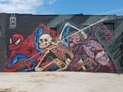 Nychos<br/>2017 - 2018<br/><span style= "font-size: 6pt">33.75410570437344, -84.37183255956906</span> Street Art Mural formerly in Old Fourth Ward Atlanta by artist Nychos featuring Spiderman