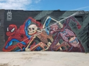 Nychos<br/>2017 - 2018<br/><span style= "font-size: 6pt">33.75410570437344, -84.37183255956906</span> Street Art Mural formerly in Old Fourth Ward Atlanta by artist Nychos featuring Spiderman