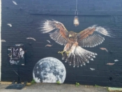 Thomas Turner<br/>2017 - 2025<br/><span style= "font-size: 6pt">33.774116713336156, -84.3643466558991</span> Street Art Mural formerly in Virginia-Highland Atlanta by Thomas Turner featuring an eagle and the moon