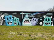 Greg Mike<br/>2010 - 2018<br/><span style= "font-size: 6pt">33.755257033230066, -84.35777296114004</span> Street Art in Mural formerly in Inman Park Atlanta by Greg Mike featuring geometric loudmouf characters