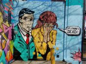 Chris Veal<br/>2016 - 2018<br/><span style= "font-size: 6pt">33.76675685868448, -84.34892075825526</span> Pop art style mural formerly in Little Five Points Atlanta by artist Chris Veal featuring "my I phone is dead"