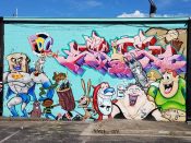 Skie FDC Crew<br/>2017? - 2020<br/><span style= "font-size: 6pt">33.76681335077842, -84.3497295051155</span> Street Art Mural formerly in Little Five Points Atlanta by Sky FDC Crew featuring cartoon characters