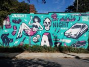 Tommy Bronx<br/>2017 - 2023<br/><span style= "font-size: 6pt">33.754766428930445, -84.36411223354757</span> Street Art mural formerly in Inman Park Atlanta by Tommy Bronx featuring a retro theme