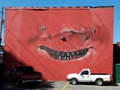 Sharktoof<br/>2016 - 2023<br/><span style= "font-size: 6pt">33.79399208031706,-84.41390074789524</span> Street Art Mural formerly in Upper West Side Atlanta by Sharktoof featuring a red shark