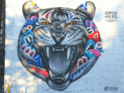 Greg Mike<br/>2016 - 2017<br/><span style= "font-size: 6pt">33.77361708995786, -84.3643134497378</span> Street art mural formerly in Virginia-Highland Atlanta by Greg Mike featuring a tiger composite