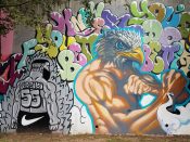 FRKO, Dr. Dax (Dax Rudnak), and Artist ?<br/>2015 - 2018<br/><span style= "font-size: 6pt">33.75196433439171, -84.36466163622141</span> Street Art Mural formerly in Cabbagetown Atlanta by FRKO, Dr. Dax (Dax Rudnak), and an unknown artist featuring bubble lettering, a man with a bird head, and a man wearing nike shorts