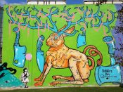 A. J. DeWitt<br/>2016 - 2021<br/><span style= "font-size: 6pt">33.752447, -84.362559</span> Street Art Mural formerly in Cabbagetown Atlanta by A. J. DeWitt featuring a rabbit with horns