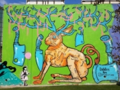 A. J. DeWitt<br/>2016 - 2021<br/><span style= "font-size: 6pt">33.752447, -84.362559</span> Street Art Mural formerly in Cabbagetown Atlanta by A. J. DeWitt featuring a rabbit with horns