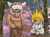 Greg Mike & Corey Davis<br/>2015 - 2018<br/><span style= "font-size: 6pt">33.75122516902253, -84.3669218603963</span> Street Art Mural formerly in Cabbagetown Atlanta by Greg Mike and Corey Davis reaturing a 3 eyed bear and a crowned baby