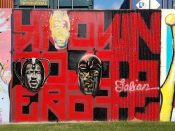 Fabian Williams<br/>2017 - 2018<br/><span style= "font-size: 6pt">33.75251352395267, -84.36225389926372</span> Street Art Mural formerly in Cabbagetown Atlanta by Fabian Williams featuring three faces over lettering