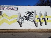 Adam Podber<br/>2017 - 2020<br/><span style= "font-size: 6pt">33.75299896593849, -84.37149055491442</span> Street Art Mural formerly in Old Fourth Ward Atlanta by Adam Podber featuring a motorcycle