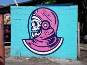 Tommy Bronx<br/>2017? - 2020<br/><span style= "font-size: 6pt">33.740576487677075, -84.3466356427893</span> Street Art Mural formerly in East Atlanta Village by Tommy Bronx featuring a skull in a space helmet