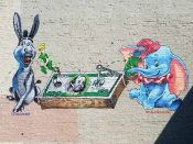 Fabian Williams<br/>2017 - 2021<br/><span style= "font-size: 6pt">33.740609, -84.345688</span> street art mural formerly in East Atlanta Village by Fabian Williams featuring an elephant and a donkey