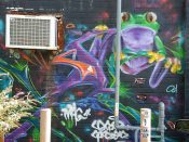 Artist ?<br/>2014 - 2017<br/><span style= "font-size: 6pt">33.74064231517201, -84.34612288384612</span> Street Art Mural formerly in East Atlanta Village by an unknown artist featuring a frog