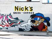 Artist ?<br/>2017 - 2019<br/><span style= "font-size: 6pt">33.74751049232449, -84.37966233987855</span> Street Art Mural formerly in the Grant Park Atlanta Area by an unknown artist featuring a cartoon character