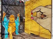 Jake Llaurado (on Left)<br/>2017 - 2018<br/><span style= "font-size: 6pt">33.76678073204995, -84.3489426499979</span> Street Art Mural (left) formerly in Little Five Points Atlanta by Jake Llaurado featuring Buddah