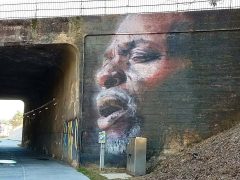Suzie Schultz<br/>2017 - 2025<br/><span style= "font-size: 6pt">33.739110288764344, -84.43334674388545</span> Street Art Mural on the BeltLine in Westview Atlanta by Suzie Schultz featuring a face on the side of a bridge