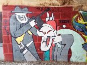 Artist ?<br/>? - 2018<br/><span style= "font-size: 6pt">33.72771176270398, -84.4166172217585</span> Street Art Mural formerly on the Atlanta BeltLine in West End by an unknown artist featuring men with guns