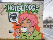 Chris Veal<br/>2016 - 2024<br/><span style= "font-size: 6pt">33.73458360526187, -84.3491782095784</span> Street Art Mural formerly in East Atlanta Village by Chris Veal featuring a woman drinking a cup of coffee