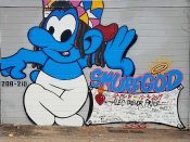 Tony Price<br/>2017 - 2020<br/><span style= "font-size: 6pt">33.74702923843303, -84.38120657402789</span> Street Art Mural formerly in Capital Gateway Atlanta by Tony Price featuring a smurf