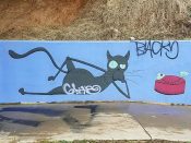 Grody Ghost<br/>2018? - 2021<br/><span style= "font-size: 6pt">33.7542176566336, -84.36530728587076</span> Detail of a larger Street Art Mural formerly on the Atlanta BeltLine in Inman Park by Grody Ghost featuring cats