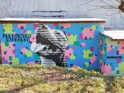 Dr. Dax (Dax Rudnak)<br/>2018? - 2021<br/><span style= "font-size: 6pt">33.75057551629249,-84.35712710022926</span> Street Art Mural formerly in Reynoldstown Atlanta by Dr. Dax featuring a dog