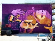 Inti<br/>2013 - 2018<br/><span style= "font-size: 6pt">33.747277358754594, -84.35840510425808</span> Street Art Mural formerly on the Atlanta BeltLine in Reynoldstown by Inti featuring a reclining purple figure