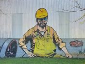 The Loss Prevention (Sean Schwab)<br/>2018? - 2021<br/><span style= "font-size: 6pt">33.75037034129743,-84.35713782906532</span> street art mural formerly in Reynoldstown Atlanta by The Loss Prevention featuring a steel worker