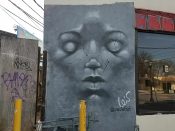 Paul Athol Lewis<br/>2018 - 2021<br/><span style= "font-size: 6pt">33.74301687986835, -84.34859078558982</span> Street Art Mural formerly in East Atlanta by Paul Athol Lewis featuring a grey face