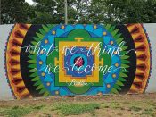 Meg Mitchell<br/>2018 - 2019<br/><span style= "font-size: 6pt">33.862819584015114, -84.36838647315619</span> Street Art Mural formerly on Path 400 in Buckhead Atlanta by Meg Mitchell featuring "what we think, we become"