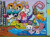 Killamari<br/>2018 - 2019<br/><span style= "font-size: 6pt">33.75246644062302, -84.36256327447022</span> Forward Warrior Mural formerly in Cabbagetown Atlanta by Killamari fraturing a creature holding a bottle