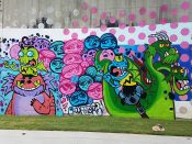 Mario Daniel & Oofster (Pierre Cerrato)<br/>2018 - 2019<br/><span style= "font-size: 6pt">33.75239011964959, -84.36284729298492</span> Forward Warrior Mural formerly in Cabbagetown Atlanta by Mario Daniel and Pierre Cerrato (oofster) featuring a green dragon