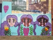 Monica Alexander<br/>2018 - 2021<br/><span style= "font-size: 6pt">33.75102543767725, -84.36744983137451</span> Forward Warrior mural formerly in Cabbagetown Atlanta by Monica Alexander featuring 3 women with 4 eyes each