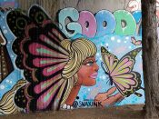 Debbie Snax<br/>2018 - 2022<br/><span style= "font-size: 6pt">33.75192114558684, -84.36467151773945</span> Forward Warrior Mural formerly in Cabbagetown Atlanta by Debbie Snax featuring a butterfly