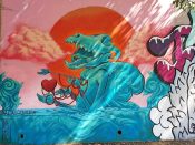 Amy Ashbaugh<br/>2014 - 2018<br/><span style= "font-size: 6pt">33.751846523184334, -84.36495924636422</span> Street Art Mural formerly in Cabbagetown Atlanta by Amy Ashbaugh featuring a woman with an animal skull on her head