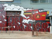 Dr. Dax (Dax Rudnak)<br/>2018 - 2021<br/><span style= "font-size: 6pt">33.76829642023182,-84.36133615672588</span> Street Art Mural in on the BeltLine in Old Fourth Ward Atlanta by Dax Rudnak (Dr. Dax) featuring a train with the Atlanta United FC logo