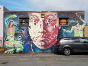 Gaia, Nanook, Doodles<br/>2012? - 2019<br/><span style= "font-size: 6pt">33.77220975111386, -84.29425191304868</span> Street Art Mural formerly in Decatur, Georgia by Gaia, Nanook, and Doodles featuring a face and two twins