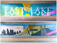 Letsgopaint (Matt Letrs)<br/>2018? - 2026<br/><span style= "font-size: 6pt">33.74839565440559, -84.30973158740231</span> Street Art Mural in East Lake Atlanta by Letsgopaint (Matt Letrs) featuring the text "East Lake" and a city skyline - under bridge