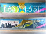 Letsgopaint (Matt Letrs)<br/>2018? - 2026<br/><span style= "font-size: 6pt">33.74839565440559, -84.30973158740231</span> Street Art Mural in East Lake Atlanta by Letsgopaint (Matt Letrs) featuring the text "East Lake" and a city skyline - under bridge