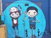 Alex Ferror<br/>2015 - 2021<br/><span style= "font-size: 6pt">33.74075409447677,-84.34667117893696</span> Street Art Mural formerly in East Atlanta Village by Alex Ferror featuring two young men holding tools