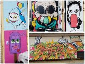 King of Pops (Various Artists)<br/>2018 - 2022<br/><span style= "font-size: 6pt">33.75221655012309,-84.36932377517223</span> Composite image of several murals formerly in Old Fourth Ward Atlanta featuring a popsicle theme