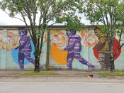 Troy Lovegates<br/>2014 - 2024<br/><span style= "font-size: 6pt">33.73652490152635, -84.40550576871401</span> Detail of a larger Street Art Mural formerly in Pittsburgh Atlanta by Troy Lovegates featuring men in hoodies