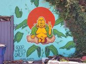 Jake Llaurado<br/>2017 - 2019<br/><span style= "font-size: 6pt">33.738784907894896, -84.40847283625901</span> Street Art Mural formerly in Adair Park Atlanta by Jake Llaurado featuring a seated Buddha