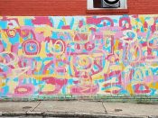 Artist ?<br/>2018 - 2021<br/><span style= "font-size: 6pt">33.74000530581347,-84.34575598856077</span> Detail of a larger Street Art Mural formerly in East Atlanta Village by an unknown artist featuring a pink, blue, and yellow abstract design