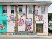 Olive47<br/>2012 - 2021<br/><span style= "font-size: 6pt">33.705089434592374,-84.37886351428847</span> Street Art Mural formerly in Lakewood Heights Atlanta by Olive47 featuring owls in trees