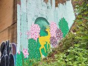 Andrew Catanese<br/>2018 - 2025<br/><span style= "font-size: 6pt">33.72774803083549, -84.41645843927589</span> Street Art Mural formerly on the BeltLine in West End Atlanta by Andrew Catanese featuring a yellow deer