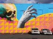 Michael Reeder<br/>2018 - 2019<br/><span style= "font-size: 6pt">33.75409886271096, -84.37183450023473</span> Street Art Mural formerly in Old Fourth Ward Atlanta by Michael Reeder featuring a skull and a hand